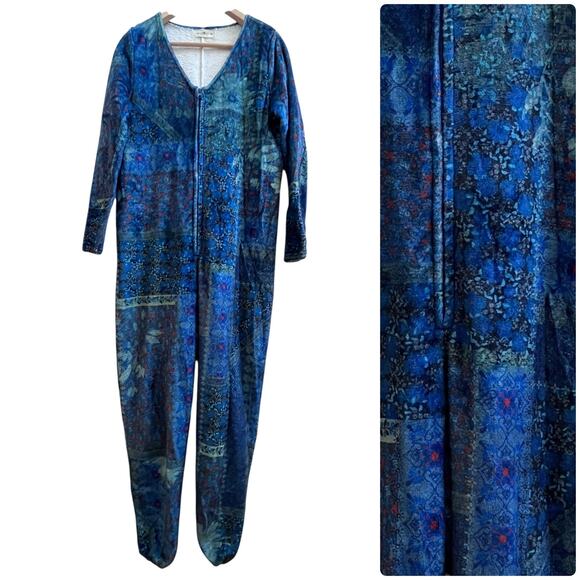 Natural Life Oversized Fleece Blue Patchwork V Neck Jumpsuit Pajamas XS Cozy - Picture 12 of 12